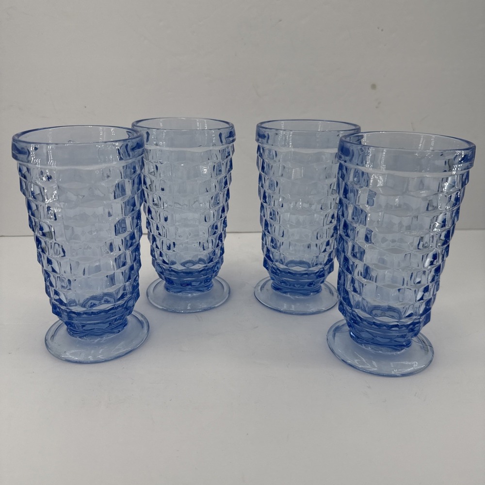Vtg Indiana Glass Whitehall Blue Cubist Footed Drinking Glasses New W/Box